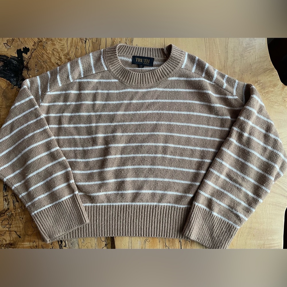 Truth Tan and White Striped Crewneck Sweater